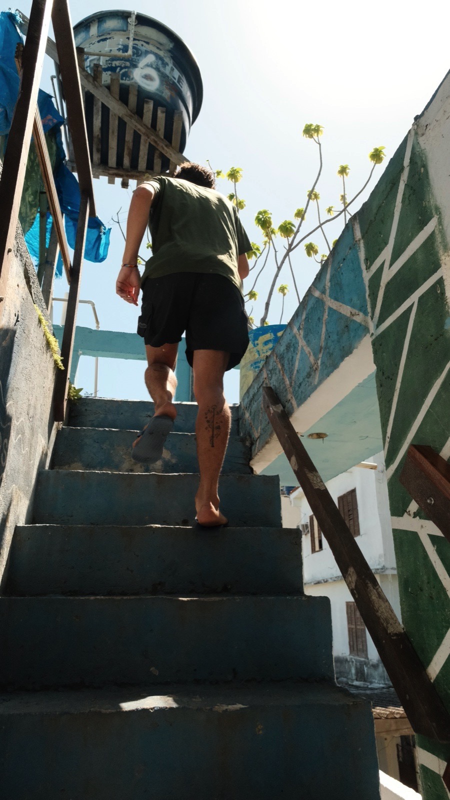 A housemate climbs the painted outdoor stairs of the house towards the rooftop.